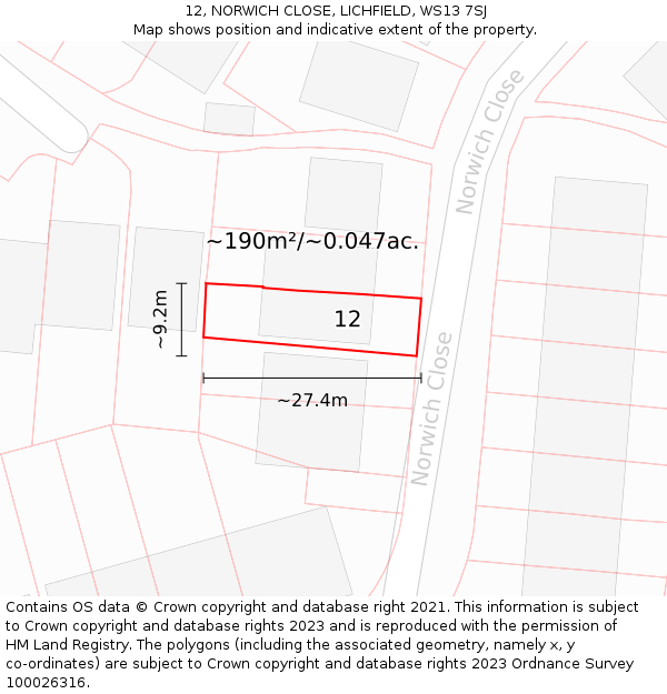 12, NORWICH CLOSE, LICHFIELD, WS13 7SJ: Plot and title map