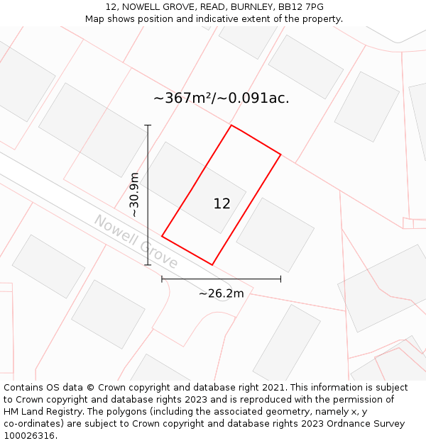 12, NOWELL GROVE, READ, BURNLEY, BB12 7PG: Plot and title map