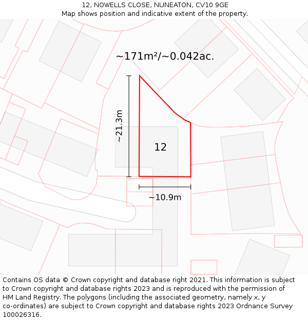 12, NOWELLS CLOSE, NUNEATON, CV10 9GE: Plot and title map