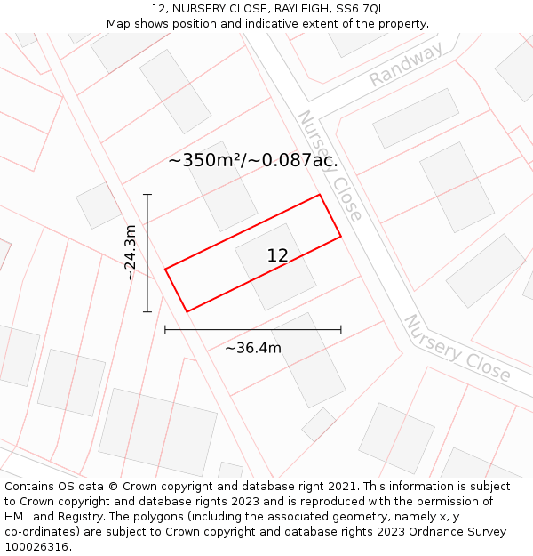 12, NURSERY CLOSE, RAYLEIGH, SS6 7QL: Plot and title map