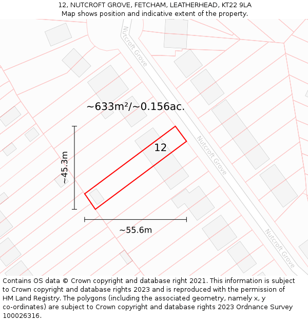 12, NUTCROFT GROVE, FETCHAM, LEATHERHEAD, KT22 9LA: Plot and title map