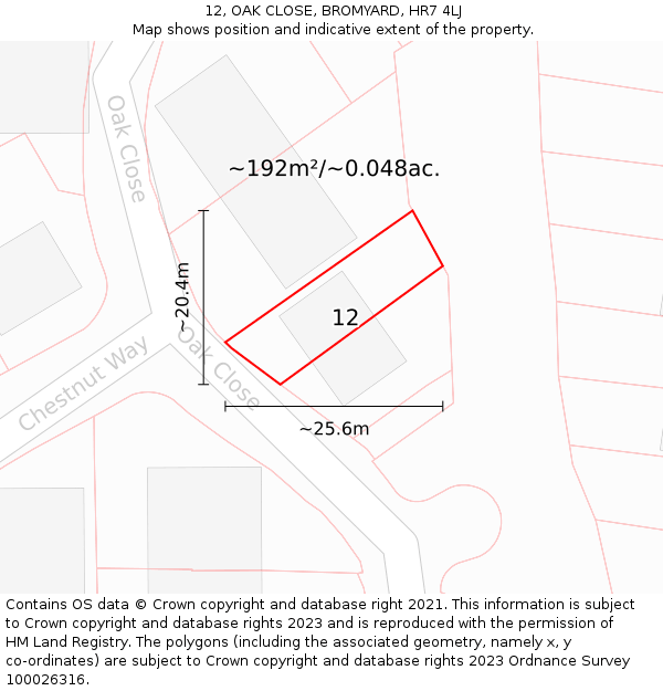 12, OAK CLOSE, BROMYARD, HR7 4LJ: Plot and title map