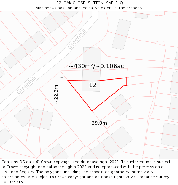 12, OAK CLOSE, SUTTON, SM1 3LQ: Plot and title map