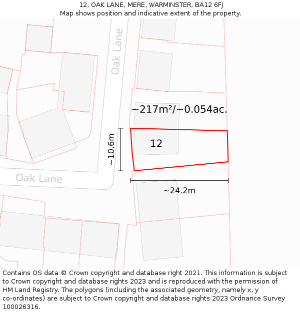 12, OAK LANE, MERE, WARMINSTER, BA12 6FJ: Plot and title map