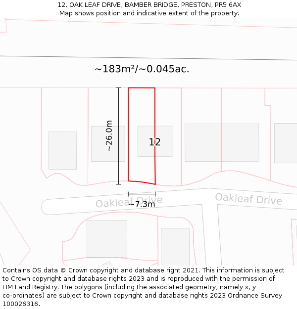 12, OAK LEAF DRIVE, BAMBER BRIDGE, PRESTON, PR5 6AX: Plot and title map