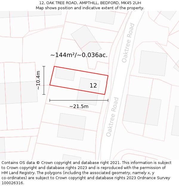 12, OAK TREE ROAD, AMPTHILL, BEDFORD, MK45 2UH: Plot and title map