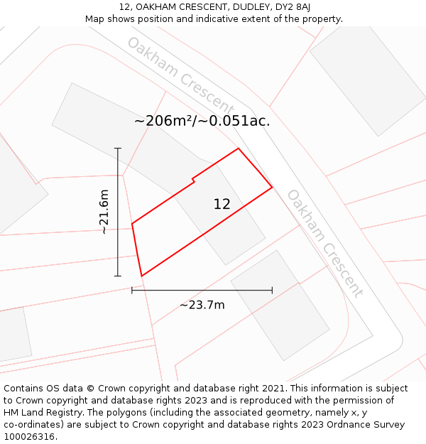 12, OAKHAM CRESCENT, DUDLEY, DY2 8AJ: Plot and title map