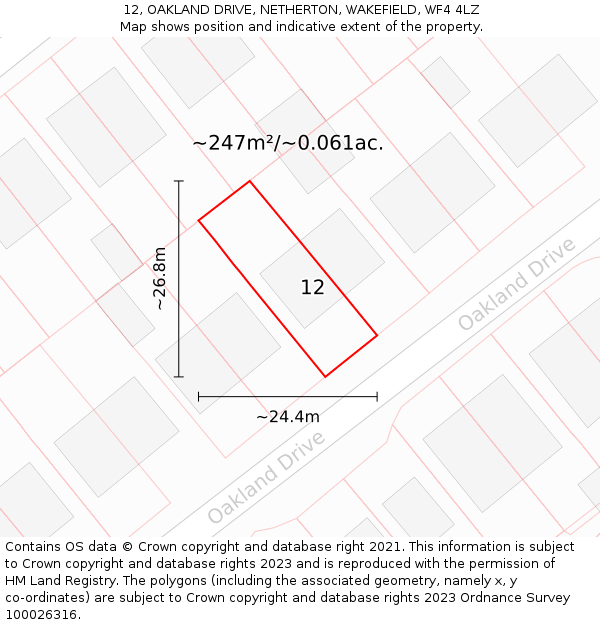 12, OAKLAND DRIVE, NETHERTON, WAKEFIELD, WF4 4LZ: Plot and title map