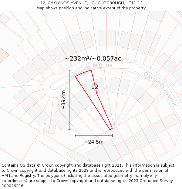 12, OAKLANDS AVENUE, LOUGHBOROUGH, LE11 3JF: Plot and title map