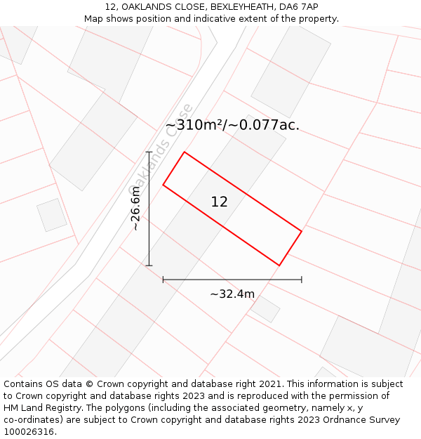 12, OAKLANDS CLOSE, BEXLEYHEATH, DA6 7AP: Plot and title map