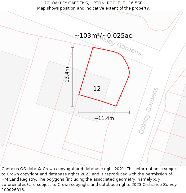 12, OAKLEY GARDENS, UPTON, POOLE, BH16 5SE: Plot and title map