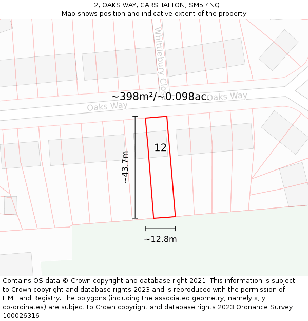 12, OAKS WAY, CARSHALTON, SM5 4NQ: Plot and title map