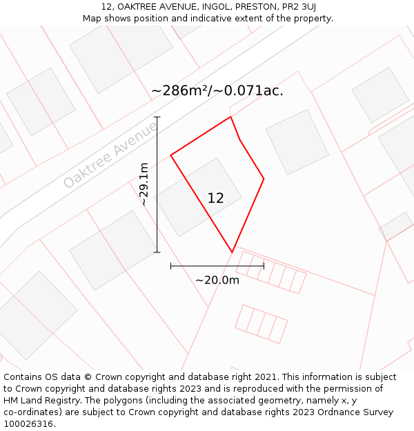 12, OAKTREE AVENUE, INGOL, PRESTON, PR2 3UJ: Plot and title map