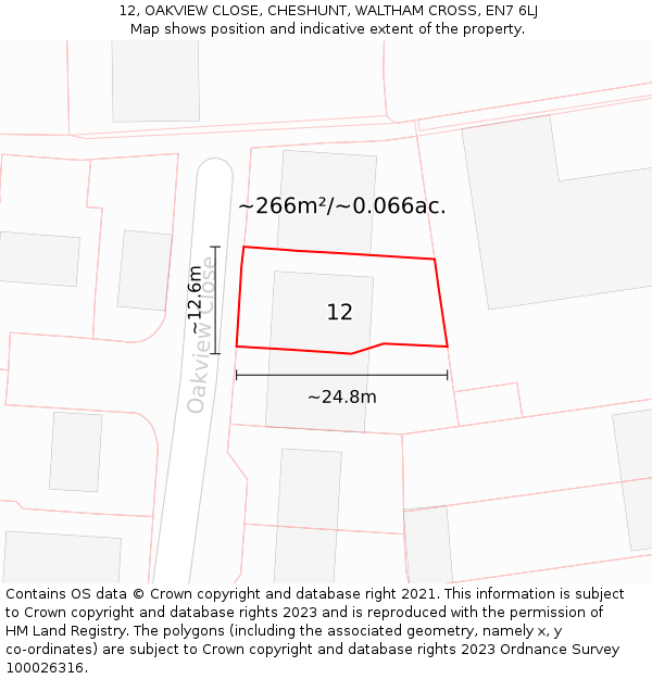 12, OAKVIEW CLOSE, CHESHUNT, WALTHAM CROSS, EN7 6LJ: Plot and title map