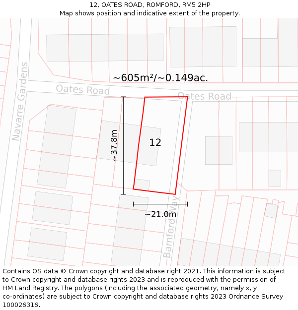 12, OATES ROAD, ROMFORD, RM5 2HP: Plot and title map