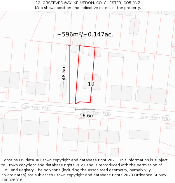 12, OBSERVER WAY, KELVEDON, COLCHESTER, CO5 9NZ: Plot and title map