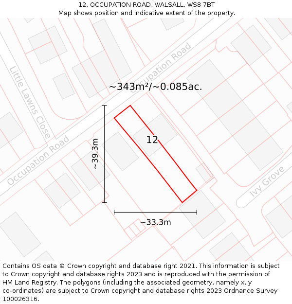 12, OCCUPATION ROAD, WALSALL, WS8 7BT: Plot and title map