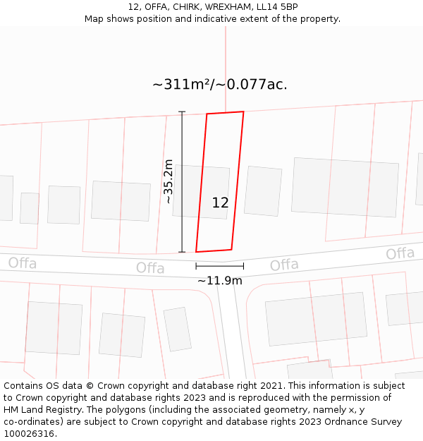 12, OFFA, CHIRK, WREXHAM, LL14 5BP: Plot and title map