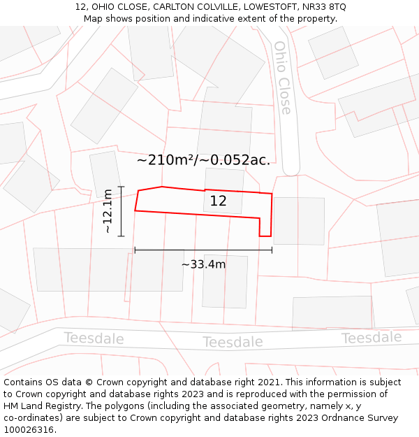 12, OHIO CLOSE, CARLTON COLVILLE, LOWESTOFT, NR33 8TQ: Plot and title map