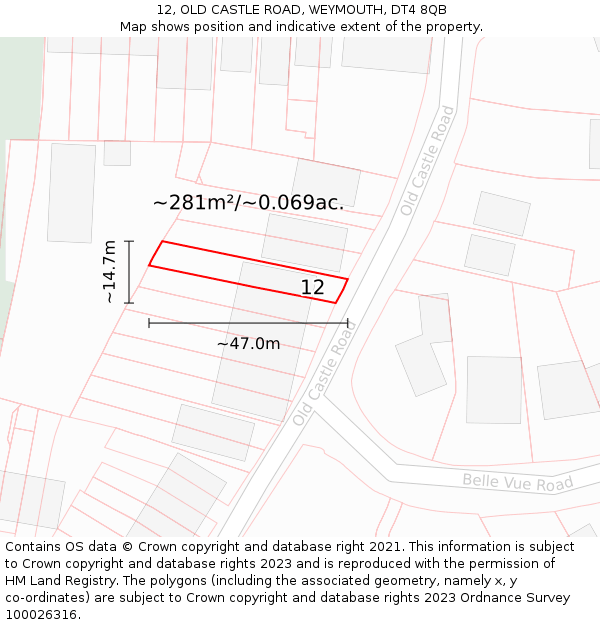 12, OLD CASTLE ROAD, WEYMOUTH, DT4 8QB: Plot and title map