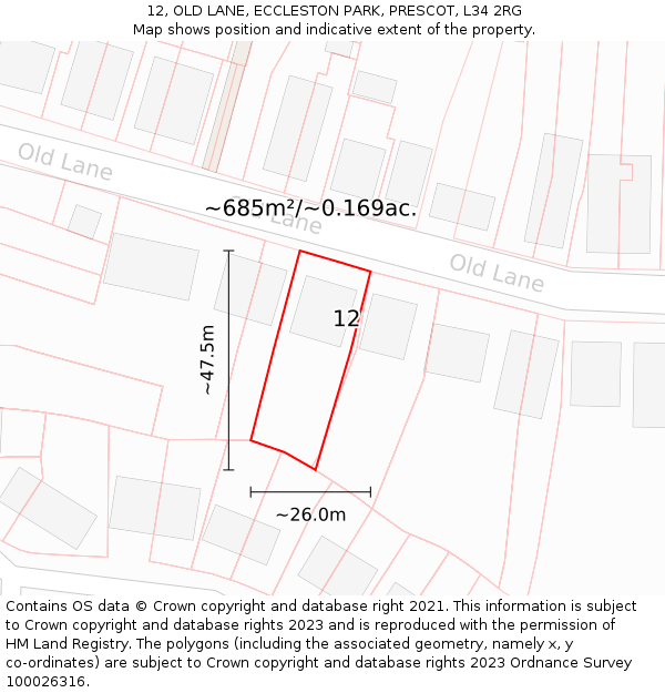 12, OLD LANE, ECCLESTON PARK, PRESCOT, L34 2RG: Plot and title map
