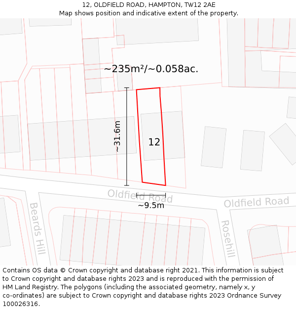 12, OLDFIELD ROAD, HAMPTON, TW12 2AE: Plot and title map
