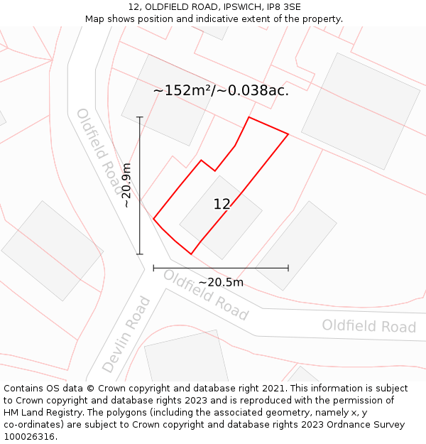 12, OLDFIELD ROAD, IPSWICH, IP8 3SE: Plot and title map