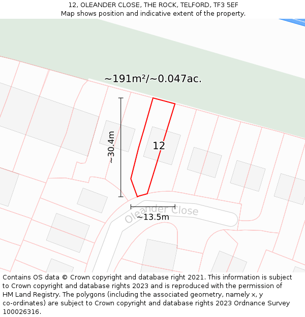 12, OLEANDER CLOSE, THE ROCK, TELFORD, TF3 5EF: Plot and title map