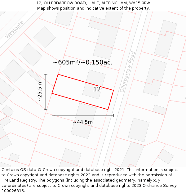 12, OLLERBARROW ROAD, HALE, ALTRINCHAM, WA15 9PW: Plot and title map