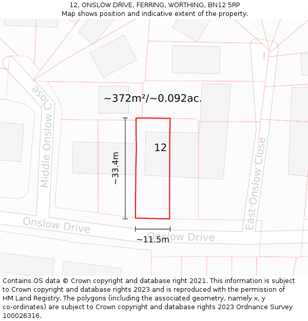12, ONSLOW DRIVE, FERRING, WORTHING, BN12 5RP: Plot and title map