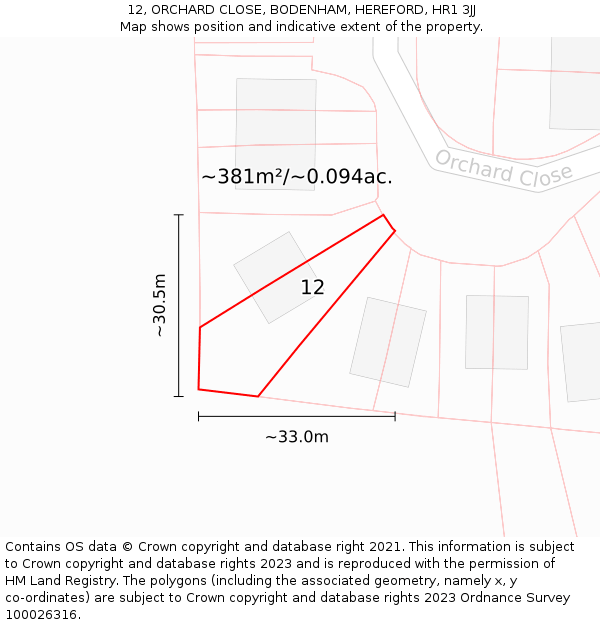 12, ORCHARD CLOSE, BODENHAM, HEREFORD, HR1 3JJ: Plot and title map