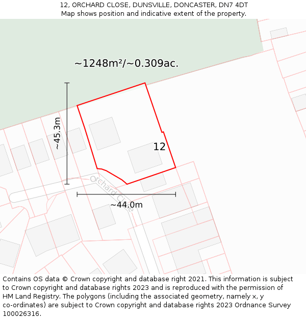12, ORCHARD CLOSE, DUNSVILLE, DONCASTER, DN7 4DT: Plot and title map