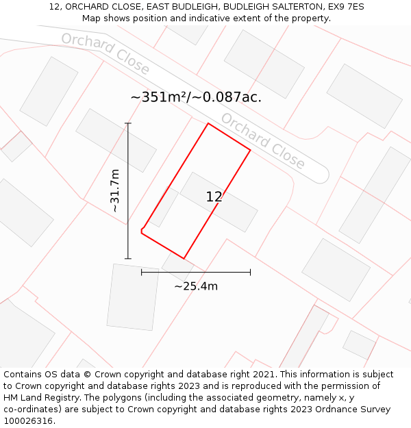 12, ORCHARD CLOSE, EAST BUDLEIGH, BUDLEIGH SALTERTON, EX9 7ES: Plot and title map