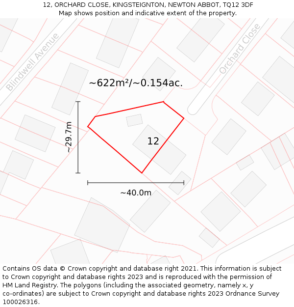 12, ORCHARD CLOSE, KINGSTEIGNTON, NEWTON ABBOT, TQ12 3DF: Plot and title map