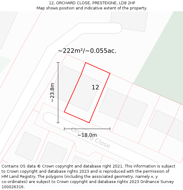 12, ORCHARD CLOSE, PRESTEIGNE, LD8 2HF: Plot and title map