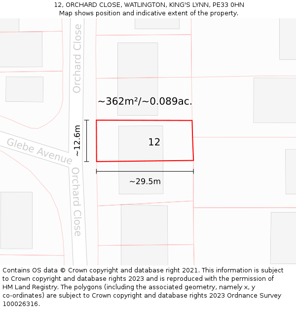 12, ORCHARD CLOSE, WATLINGTON, KING'S LYNN, PE33 0HN: Plot and title map