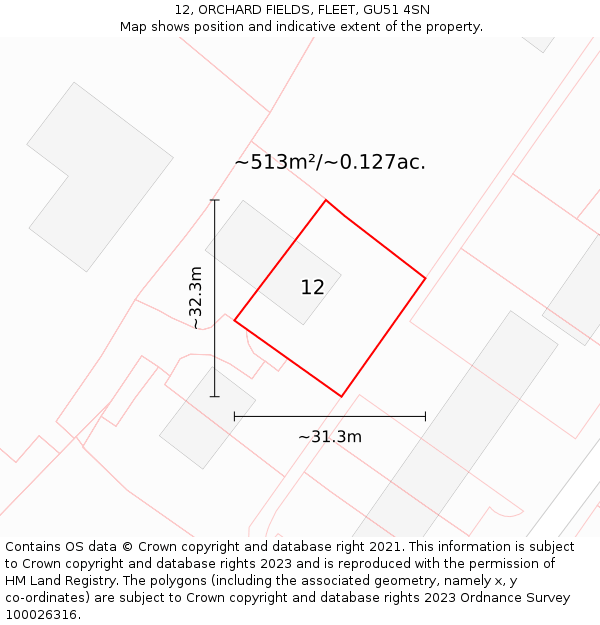 12, ORCHARD FIELDS, FLEET, GU51 4SN: Plot and title map