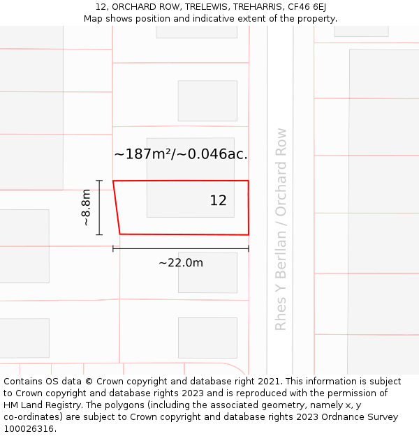 12, ORCHARD ROW, TRELEWIS, TREHARRIS, CF46 6EJ: Plot and title map