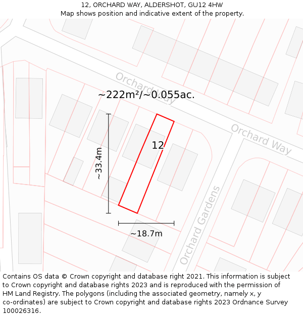 12, ORCHARD WAY, ALDERSHOT, GU12 4HW: Plot and title map