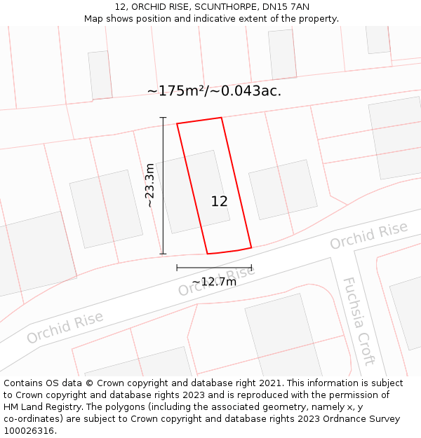 12, ORCHID RISE, SCUNTHORPE, DN15 7AN: Plot and title map