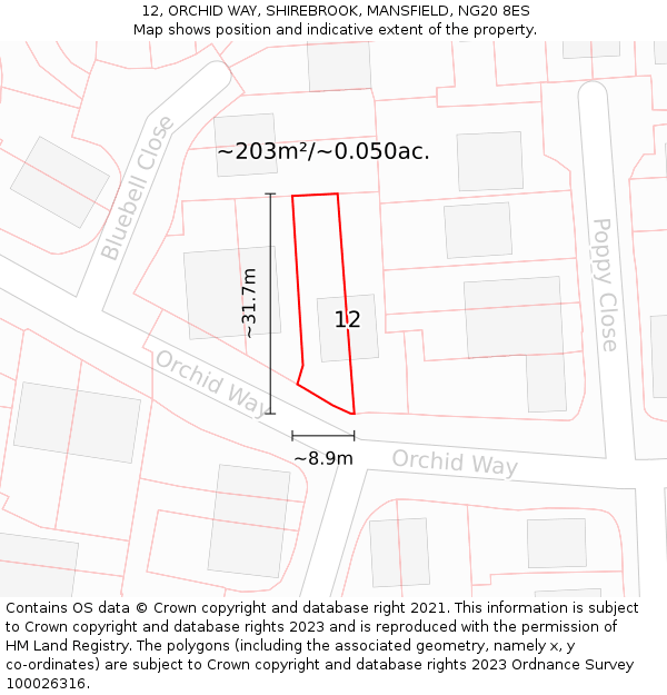 12, ORCHID WAY, SHIREBROOK, MANSFIELD, NG20 8ES: Plot and title map