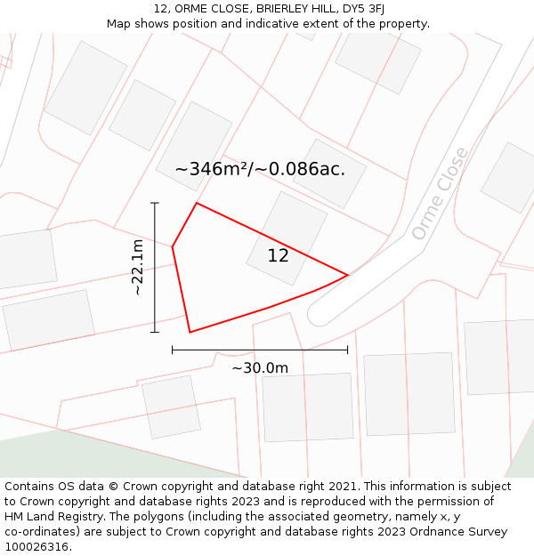 12, ORME CLOSE, BRIERLEY HILL, DY5 3FJ: Plot and title map