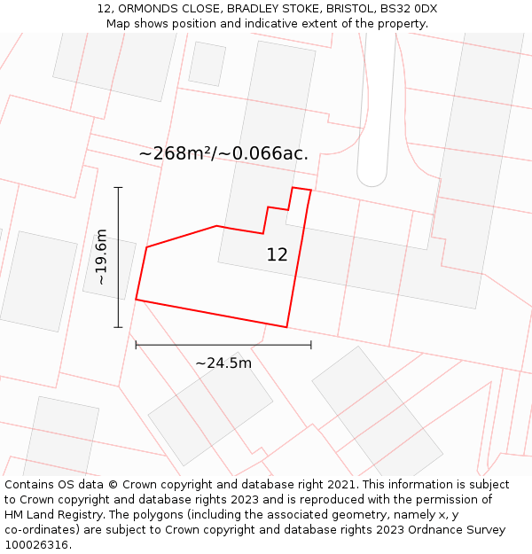 12, ORMONDS CLOSE, BRADLEY STOKE, BRISTOL, BS32 0DX: Plot and title map