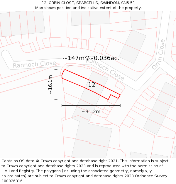 12, ORRIN CLOSE, SPARCELLS, SWINDON, SN5 5FJ: Plot and title map