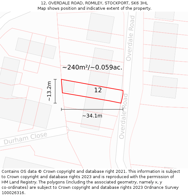 12, OVERDALE ROAD, ROMILEY, STOCKPORT, SK6 3HL: Plot and title map
