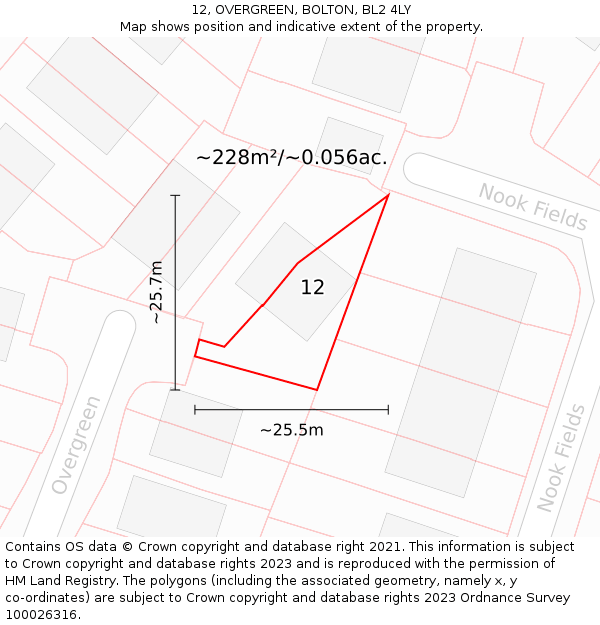 12, OVERGREEN, BOLTON, BL2 4LY: Plot and title map