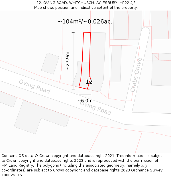12, OVING ROAD, WHITCHURCH, AYLESBURY, HP22 4JF: Plot and title map