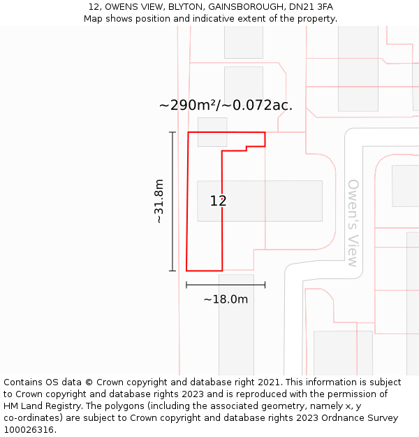12, OWENS VIEW, BLYTON, GAINSBOROUGH, DN21 3FA: Plot and title map