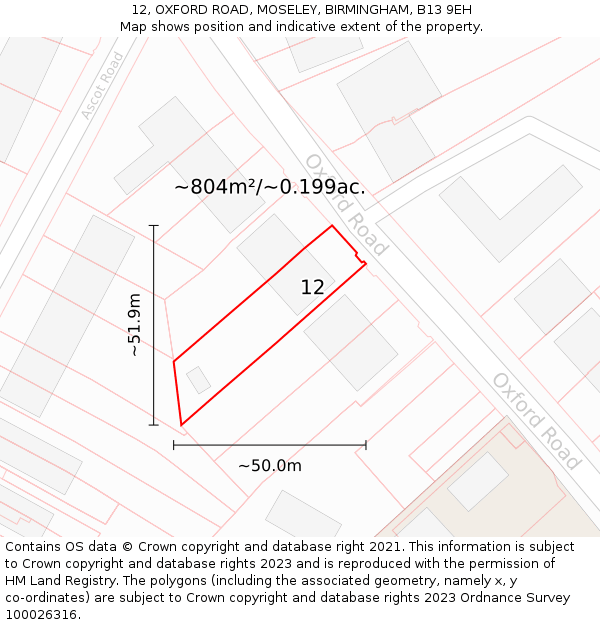 12, OXFORD ROAD, MOSELEY, BIRMINGHAM, B13 9EH: Plot and title map