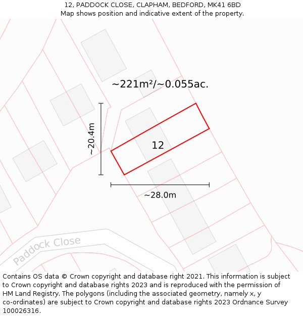12, PADDOCK CLOSE, CLAPHAM, BEDFORD, MK41 6BD: Plot and title map